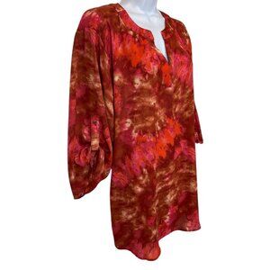 Est. 1946 Women's Pink Brown Tye Dye Roll Tab 3/4 Sleeve Semi Sheer Tunic 18/20W